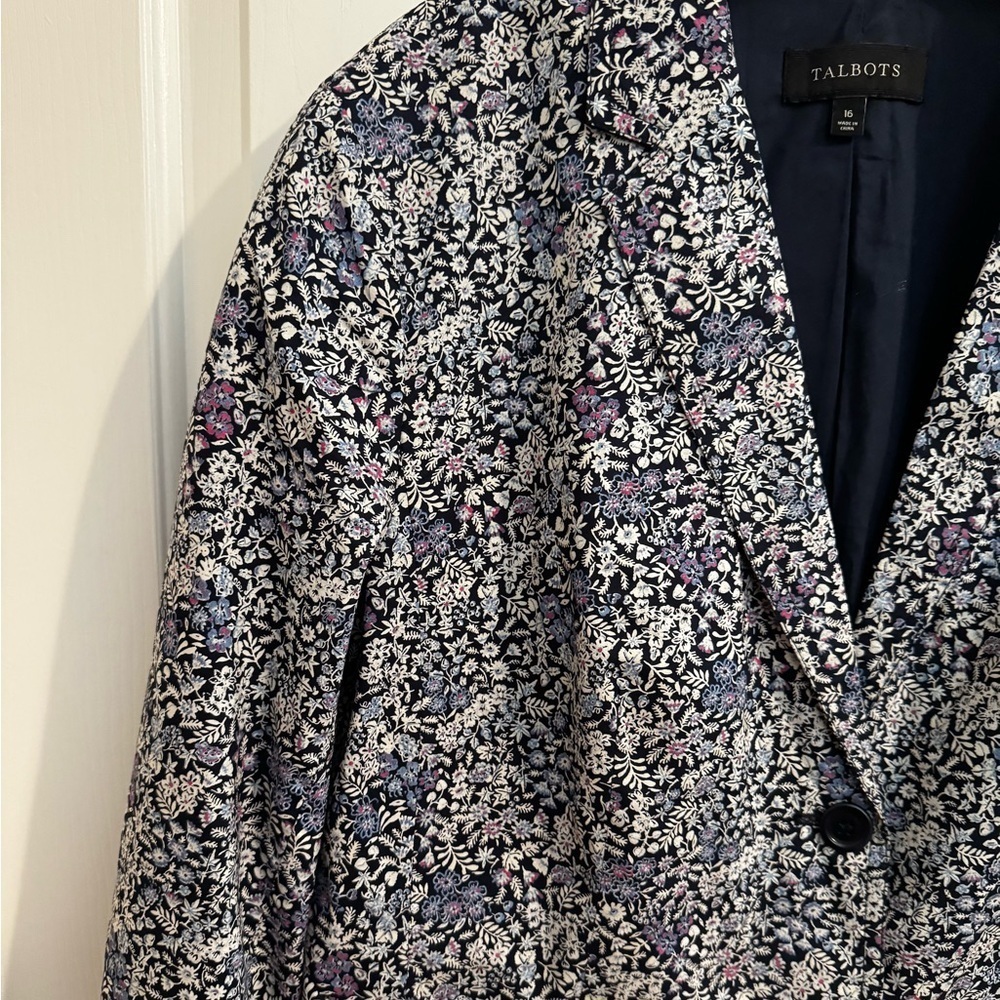 Talbots Tiny Ditsy Blue Floral Cotton Jacket Blazer Notch Collar Size 16 - Picture 2 of 12